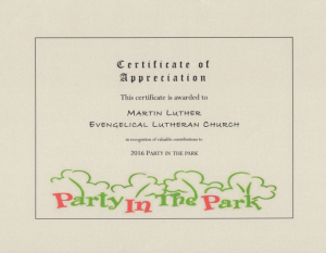 Certificate of Appreciation -Party In The Park 2016