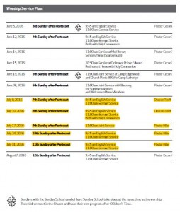 2016 Summer Schedule of Worship Services