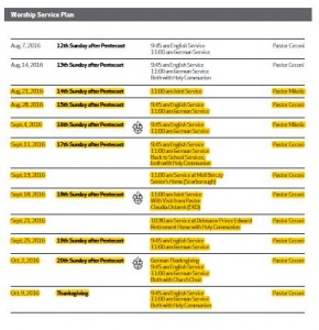 2016 End-of-Summer Worship Schedule 