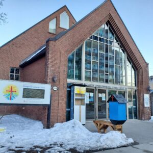 front of church in winter streetscape