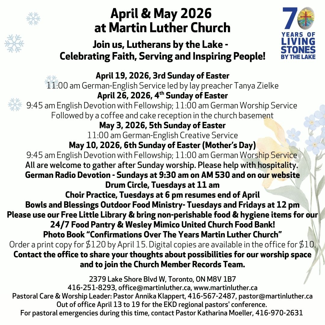 Monthly Worship Schedules and events notices for Martin Luther Evangelical Lutheran Church