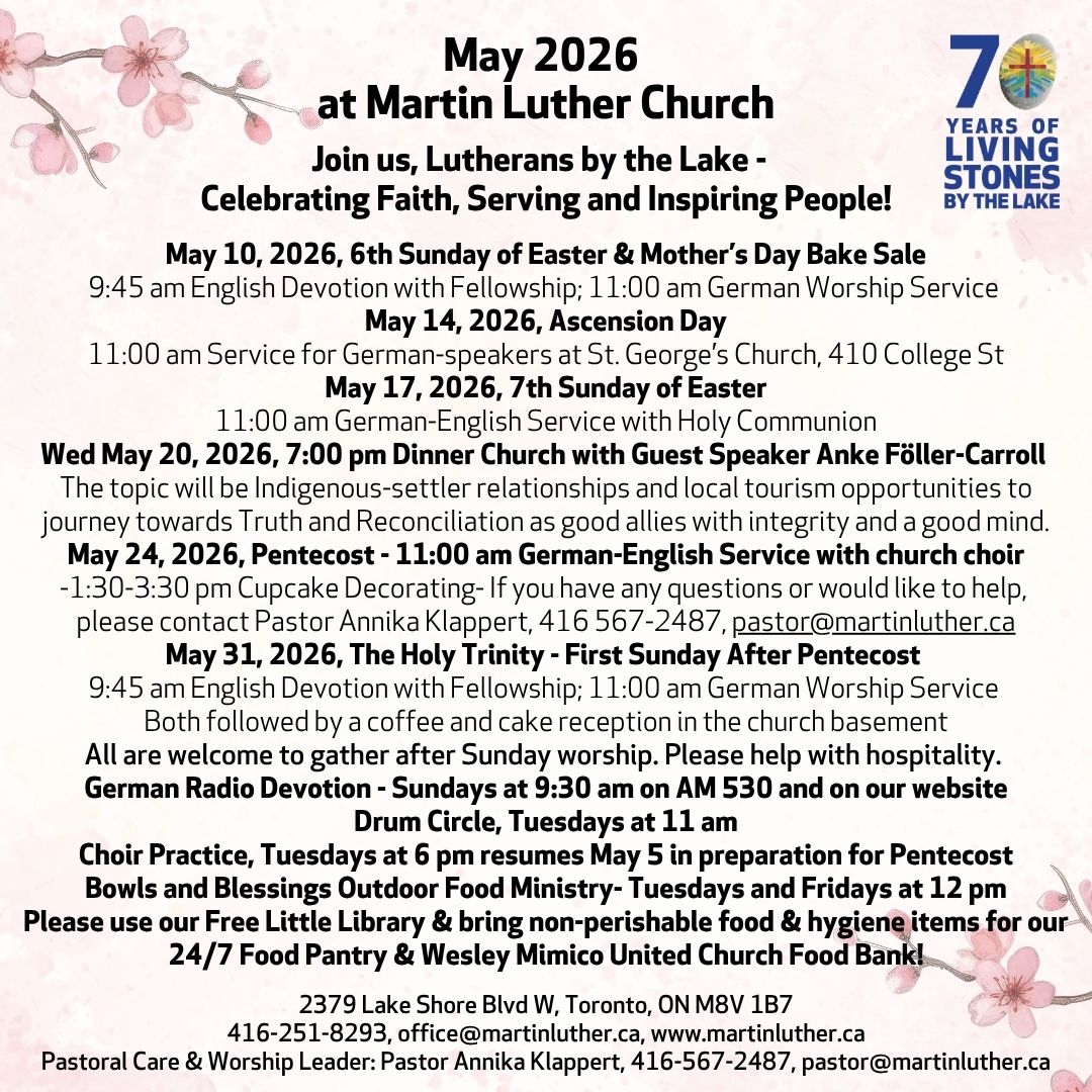 Monthly Worship Schedules and events notices for Martin Luther Evangelical Lutheran Church