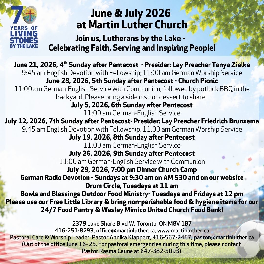 Monthly Worship Schedules and events notices for Martin Luther Evangelical Lutheran Church